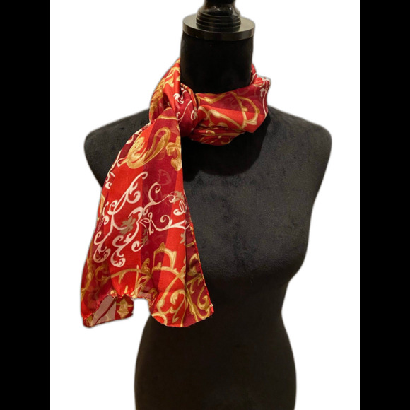 Liz Claiborne Scarf Holiday Red Gold Silky Feel Long Flowy Versatile Christmas - Picture 2 of 9